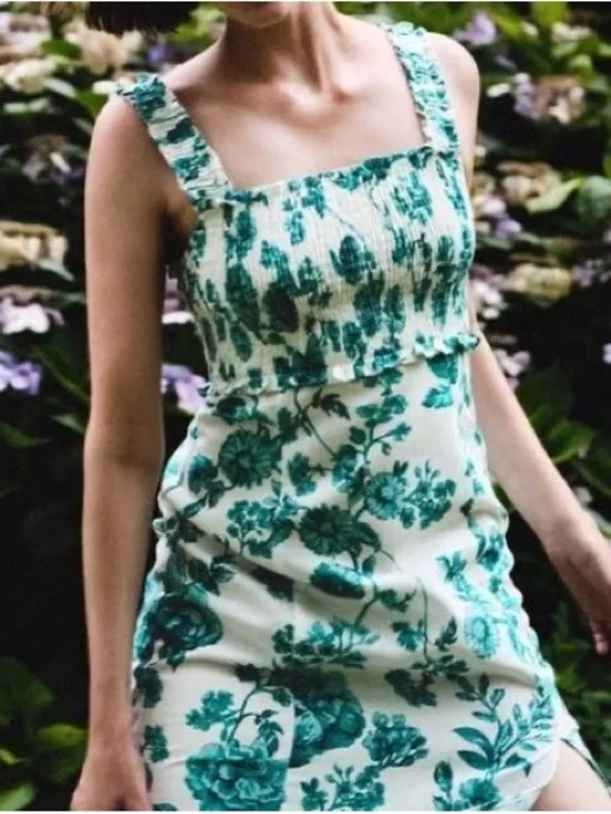 Zara White Mini Dress with Teal Floral Print - Picture 1 of 7